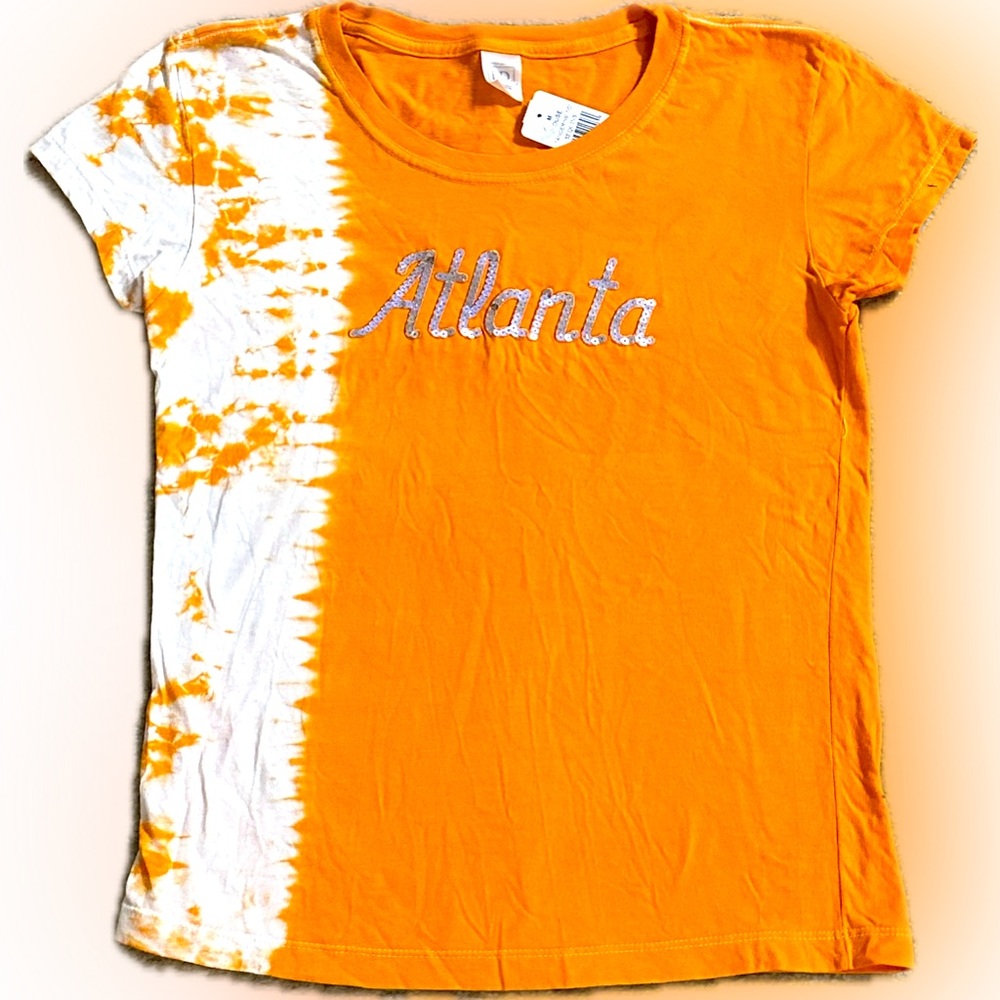 VTG ATLANTA GEORGIA TIE DYE ORANGE PEACH TANGERINE SEQUIN SHIRT TOP M SOUVENIR